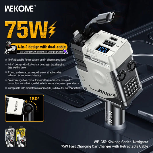 WEKOME WP-C59 75W Fast Charging Car Charger with Retractable Cable – 4-in-1 Design, Dual Ports The Wonders Mart Trading™