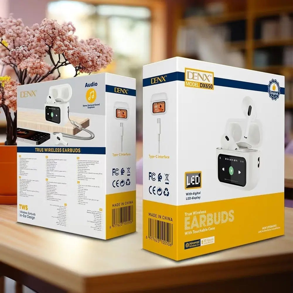 DENX DX650 ANC Wireless Earbuds with Touch LED Display – Bluetooth 5.4, Noise Cancelling, 100H Standby, White The Wonders Mart Trading™