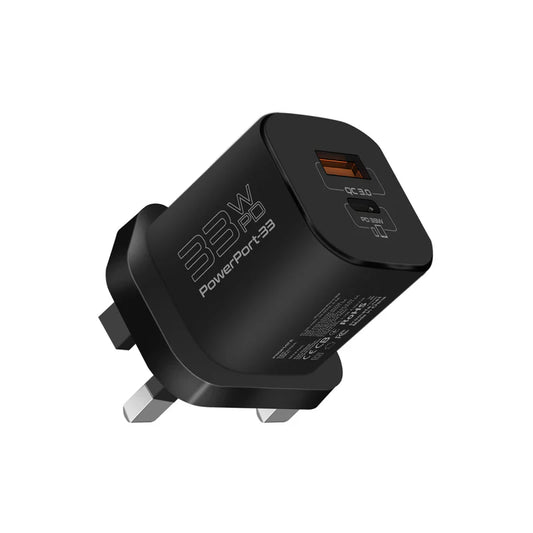 Promate PowerPort-33 | 33W GaN USB-C Wall Charger with 22.5W QC 3.0 Fast Charging, Smart Adaptive Output, and Multi-Protection – Ultra-Compact Travel Adapter