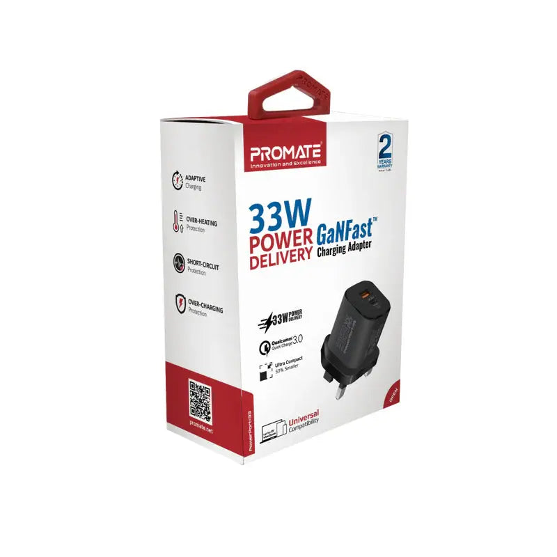 Promate PowerPort-33 | 33W GaN USB-C Wall Charger with 22.5W QC 3.0 Fast Charging, Smart Adaptive Output, and Multi-Protection – Ultra-Compact Travel Adapter The Wonders Mart Trading™