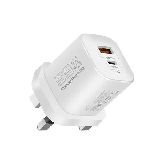 Promate PowerPort-33 | 33W GaN USB-C Wall Charger with 22.5W QC 3.0 Fast Charging, Smart Adaptive Output, and Multi-Protection – Ultra-Compact Travel Adapter The Wonders Mart Trading™