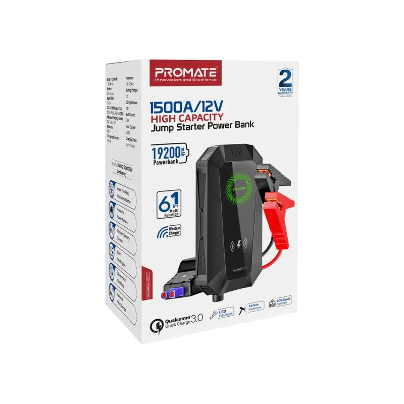 PROMATE HexaBolt-20 | 1500A Peak 19200mAh Car Jump Starter Power Bank with 10W Wireless Charging, Dual QC 3.0 USB Ports, Smart Clamps, LED Light & Emergency Glass Breaker The Wonders Mart Trading™