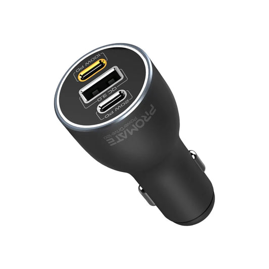 Promate PowerDrive-120 | 120W RapidCharge™ Car Charger with Dual USB-C PD (100W + 20W) & USB-A QC 3.0 (18W)