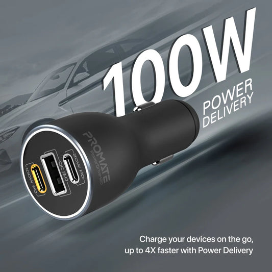 Promate PowerDrive-120 | 120W RapidCharge™ Car Charger with Dual USB-C PD (100W + 20W) & USB-A QC 3.0 (18W)