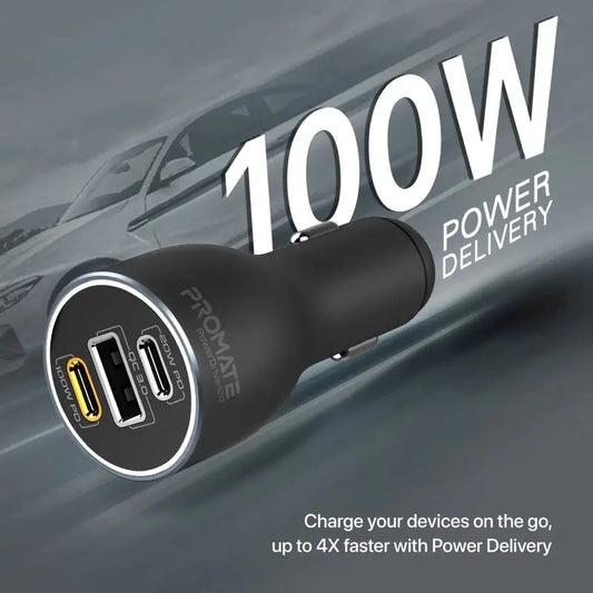 Promate PowerDrive-120 | 120W RapidCharge™ Car Charger with Dual USB-C PD (100W + 20W) & USB-A QC 3.0 (18W) The Wonders Mart Trading™