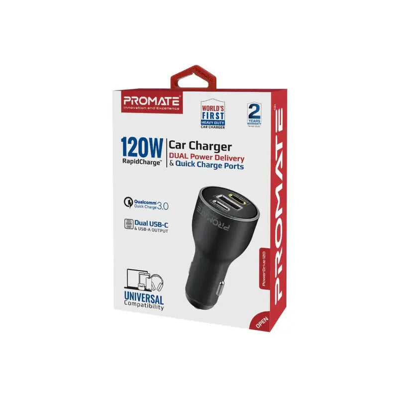 Promate PowerDrive-120 | 120W RapidCharge™ Car Charger with Dual USB-C PD (100W + 20W) & USB-A QC 3.0 (18W) The Wonders Mart Trading™