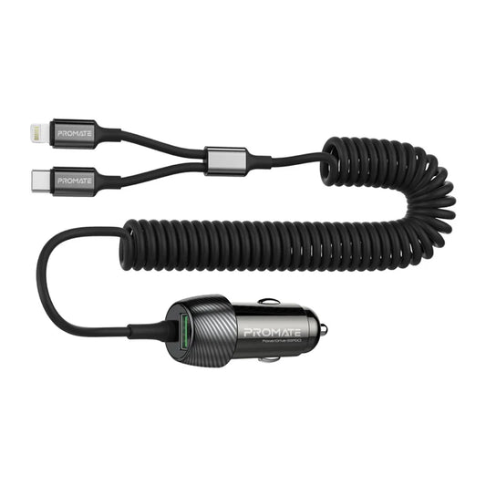 Promate PowerDrive-33PDCI | 33W Car Charger with Built-In Lightning Cable + USB-A Port