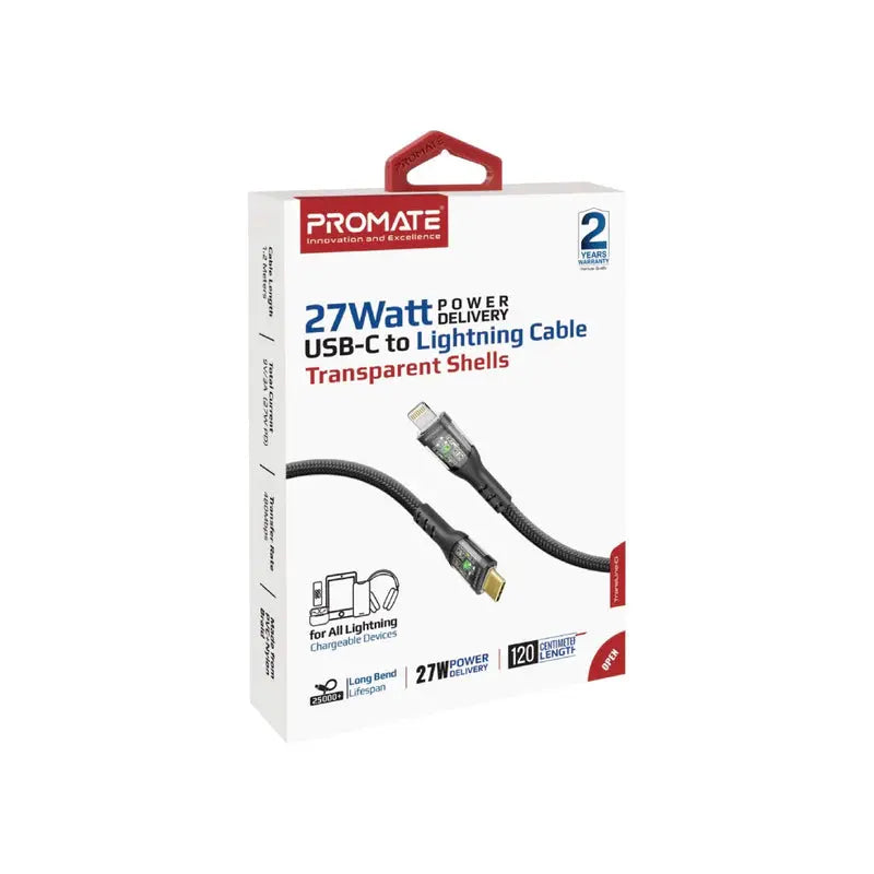 Promate TransLine-Ci | USB-C to Lightning Cable – 27W Power Delivery, 120cm Nylon Braided Cable with Transparent LED Shells, 480Mbps Data Sync – Compatible with iPhone, iPad, AirPods Pro The Wonders Mart Trading™