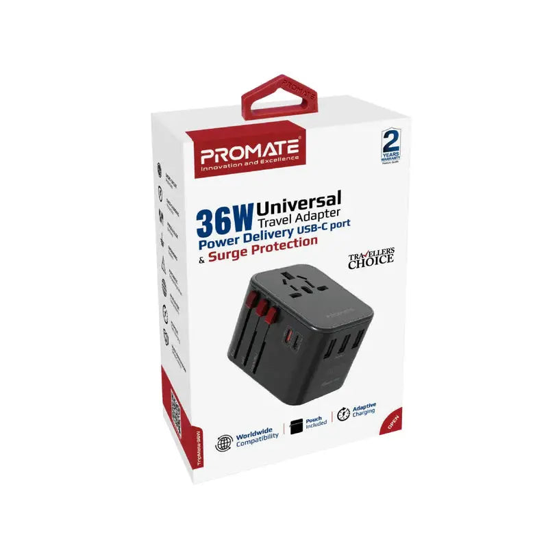 Promate TripMate-36W | 5-Port Universal Travel Adapter with Surge Protection – USB-C + USB-A – 36W Output – Global Plug Compatibility The Wonders Mart Trading™