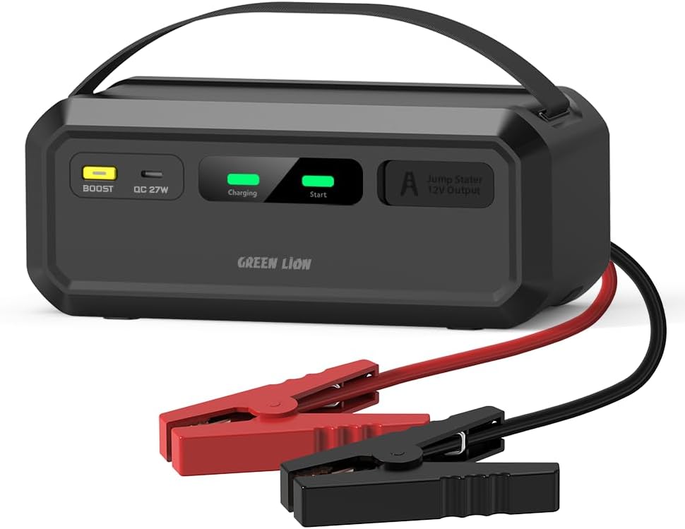 Green Lion Super Capacitator 12V Batteryless Jump Starter, 1000A Portable Battery Charger, 3 Min Quick Charging, 7L/4L Gasoline/Diesel Engines, Car Battery Clip & USB-C Charging Input