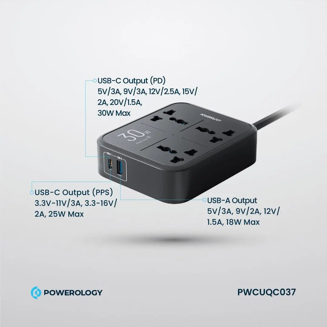 Powerology 3250W Power Strip – 3 AC Outlets, USB-A & USB-C Ports, 30W PD Fast Charging, Built-in Safety Features, 3m UK Plug Cable – Black The Wonders Mart Trading™