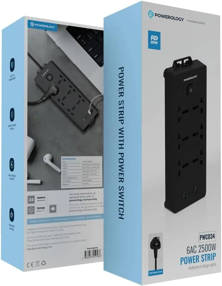 Powerology 2500W Power Strip – 6 Universal AC Sockets, 2 USB-A & 2 USB-C Ports, Built-In Safeguards, 3M Cable, Safety Switch, Fire-Resistant Material – Black The Wonders Mart Trading™