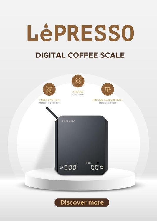 LePresso Digital Coffee Scale with Timer – Precision LED Display, Tare Function, Auto Shut-Off, 800mAh Rechargeable Battery, Non-Slip Platform – Black