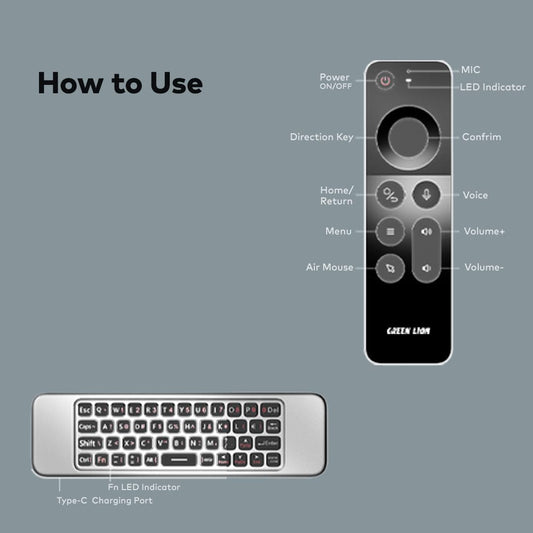 Green Lion Rechargeable 4 in 1 Wireless Universal Remote With Keyboard, for Samsung Smart-TV, Air mouse, Ir remote, Voice control, Compatible With Computer, Projector, Android/Windows/MacOS/Linux