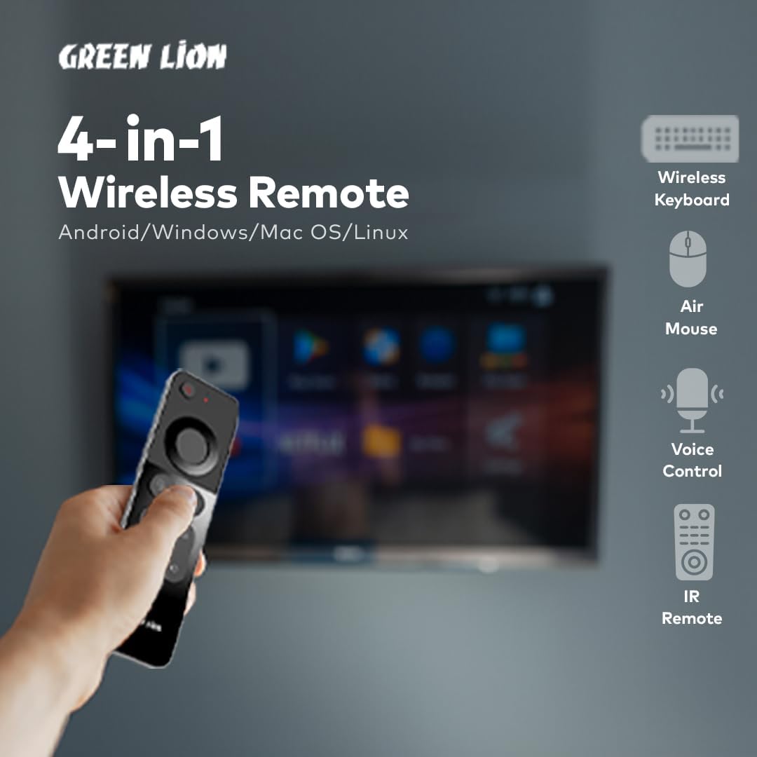 Green Lion Rechargeable 4 in 1 Wireless Universal Remote With Keyboard, for Samsung Smart-TV, Air mouse, Ir remote, Voice control, Compatible With Computer, Projector, Android/Windows/MacOS/Linux