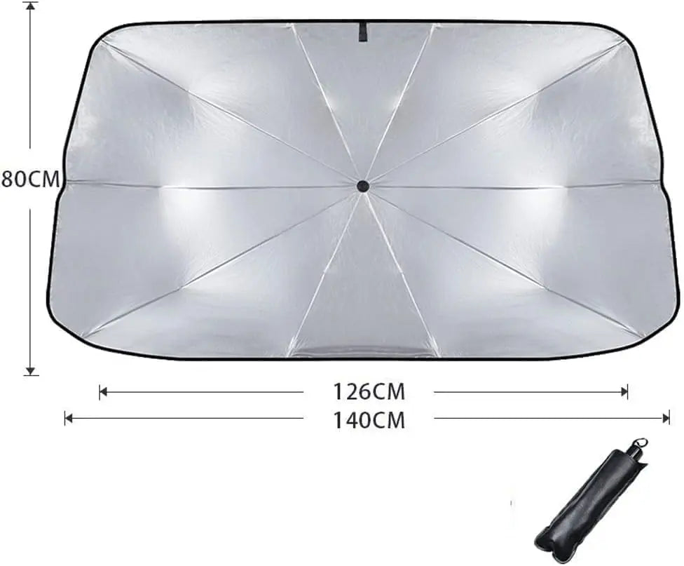 DENX Car Windshield Sunshade Umbrella – Foldable UV-Blocking Sun Visor, 360° Rotating Handle, Heat-Reflective Coating (140x80cm, Black) The Wonders Mart Trading™