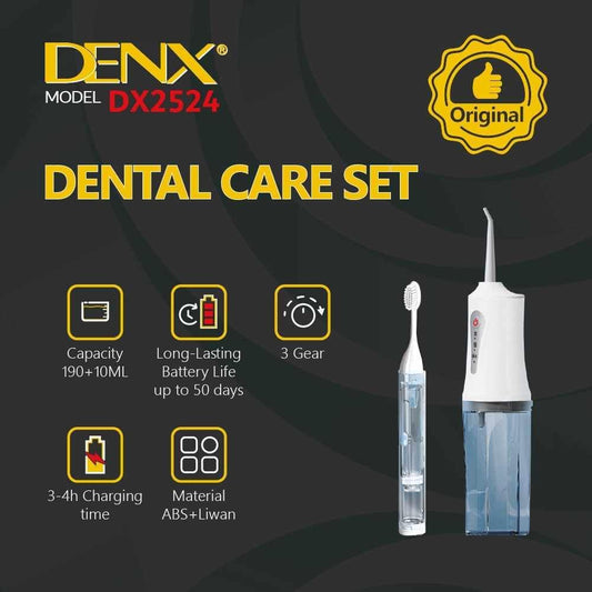 DENX DX2524 Smart Dental Care Set – Rechargeable Water Flosser & Ultra-Light Toothbrush with Built-In Toothpaste Tank | Compact, Travel-Friendly Oral Hygiene Kit
