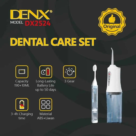DENX DX2524 Smart Dental Care Set – Rechargeable Water Flosser & Ultra-Light Toothbrush with Built-In Toothpaste Tank | Compact, Travel-Friendly Oral Hygiene Kit The Wonders Mart Trading™
