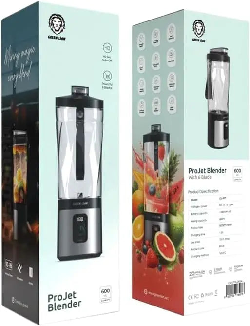 Green Lion ProJet Blender – 600mL Capacity, 6 Stainless Steel Blades, 4500mAh Battery, Type-C Rechargeable – Black The Wonders Mart Trading™