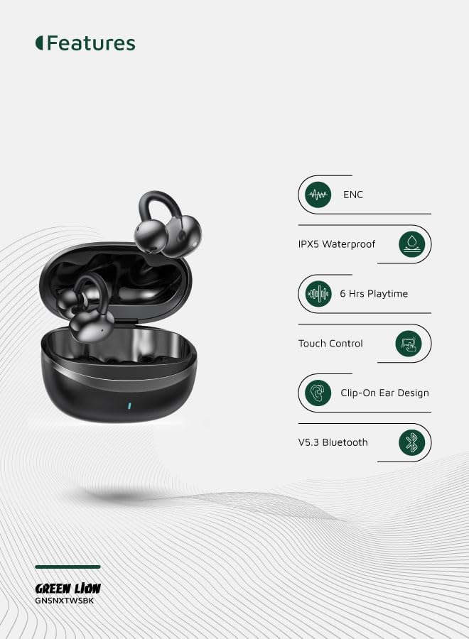 Green Lion Sonix Clip-On Earbuds, Bluetooth 5.3, IPX5 Waterproof, 5-6H Playtime, ENC, Touch Control, Type-C Charging, 40mAh Battery, Dual-Mic