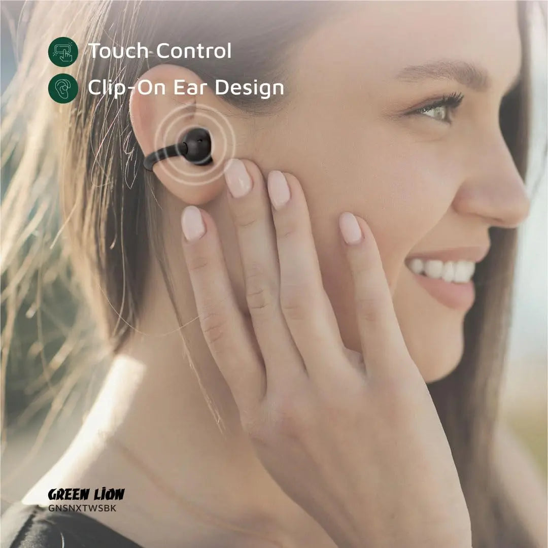 Green Lion Sonix Clip-On Earbuds, Bluetooth 5.3, IPX5 Waterproof, 5-6H Playtime, ENC, Touch Control, Type-C Charging, 40mAh Battery, Dual-Mic The Wonders Mart Trading™