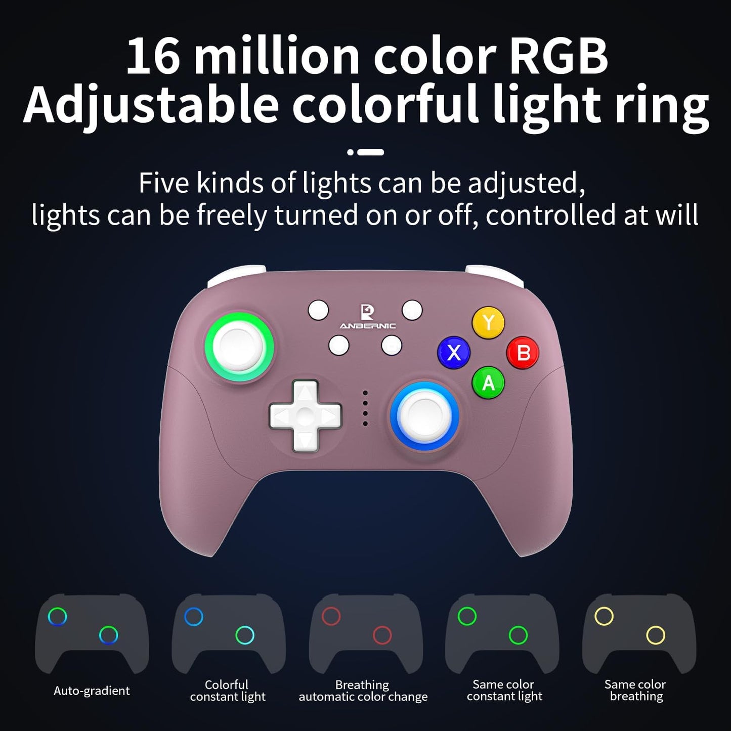 Anbernic RG P01 Retro Games Controller Bluetooth Wireless, Wired Gamepad with Hall Effect Joystick/Hall Triggers Joystick Light Control RGP01 Xbox Controller for PC,Steam,Android (Radiant Purple)