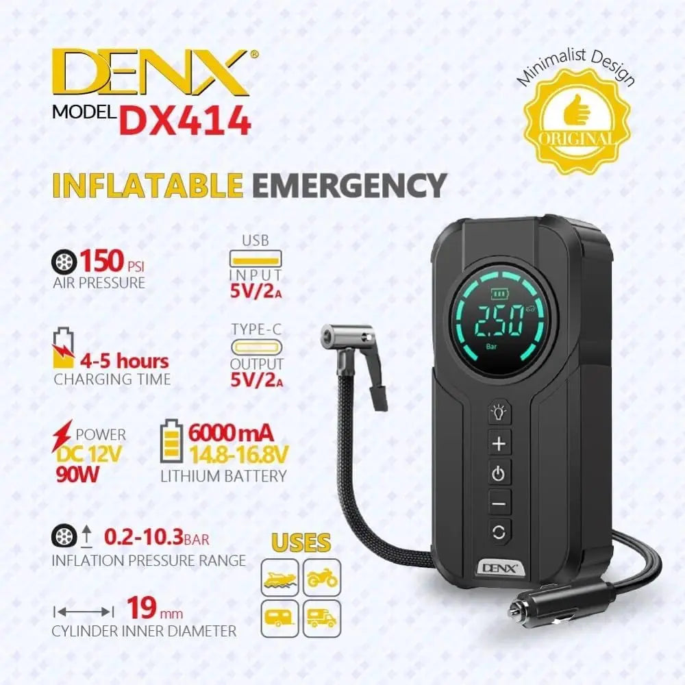 DENX DX414 All-in-One Inflatable Emergency Air Compressor – 150PSI, 6000mAh Battery, Digital Tire Inflator, Type-C & USB Output, Portable for Cars, Bikes & Home Use The Wonders Mart Trading™