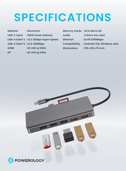 Powerology USB-C Multiport Hubs – High-Speed 6-in-1 & 12-in-1 Models with 4K HDMI, 100W PD, Gigabit Ethernet, USB 3.2, SD/MicroSD, and Dual Display Support – Aluminum Body (Dark Gray)
