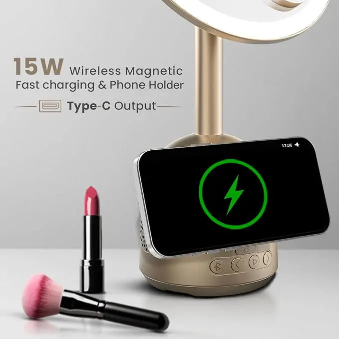 Green Lion Makeup Mirror with Bluetooth Speaker & 15W MagSafe Wireless Charger – 3-Level LED Light, 60° Adjustable, Type-C Output – Gold The Wonders Mart Trading™