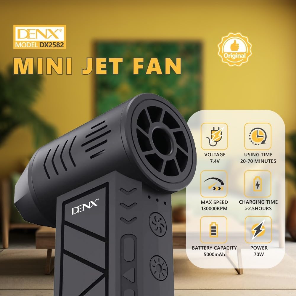 DENX Turbo Power Mini Jet Fan – 130,000 RPM Cordless Air Blower | 70W, 5000mAh Battery, 4-Speed Cleaning for Electronics, Cars & Home (Model DX2582)
