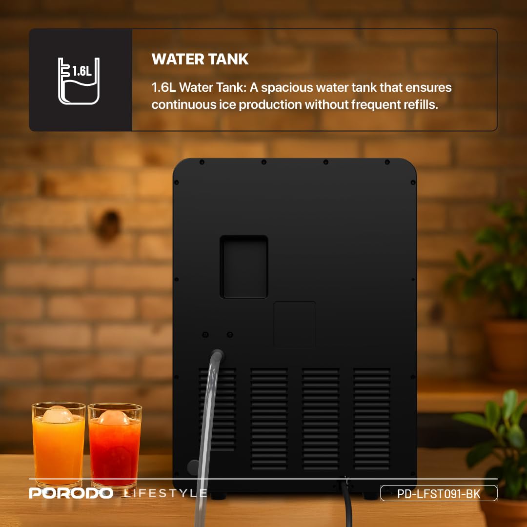Porodo Sphere Ice Maker Countertop 250W, Auto-Cleaning, 160 Bullet Ice Cubes Daily (10kg/24H), 1.6L Water Tank, Waterline Pipe, Quiet Operation, Portable Ice Machine for Home Kitchen Office Party