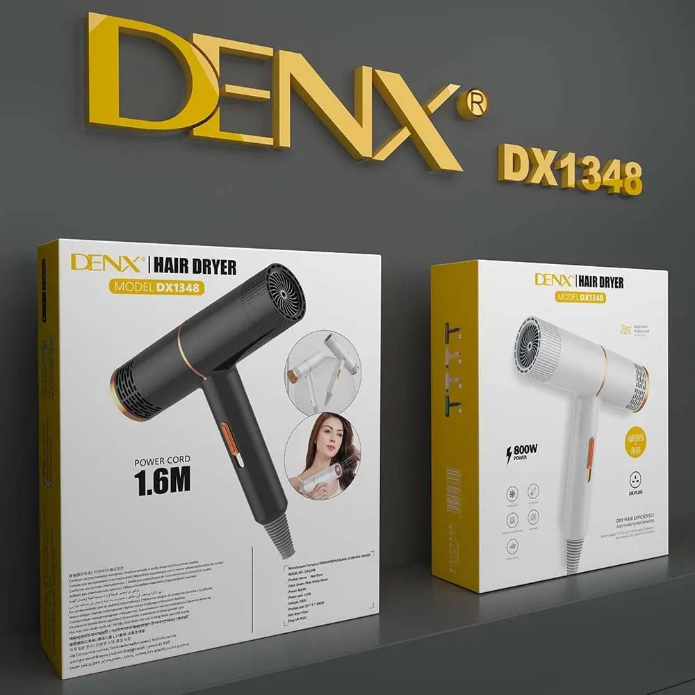 DENX DX1348 Compact Hair Dryer with Blowing Nozzle – 800W Power, UK Plug, 1.6M Cord, Lightweight & Travel-Friendly The Wonders Mart Trading™