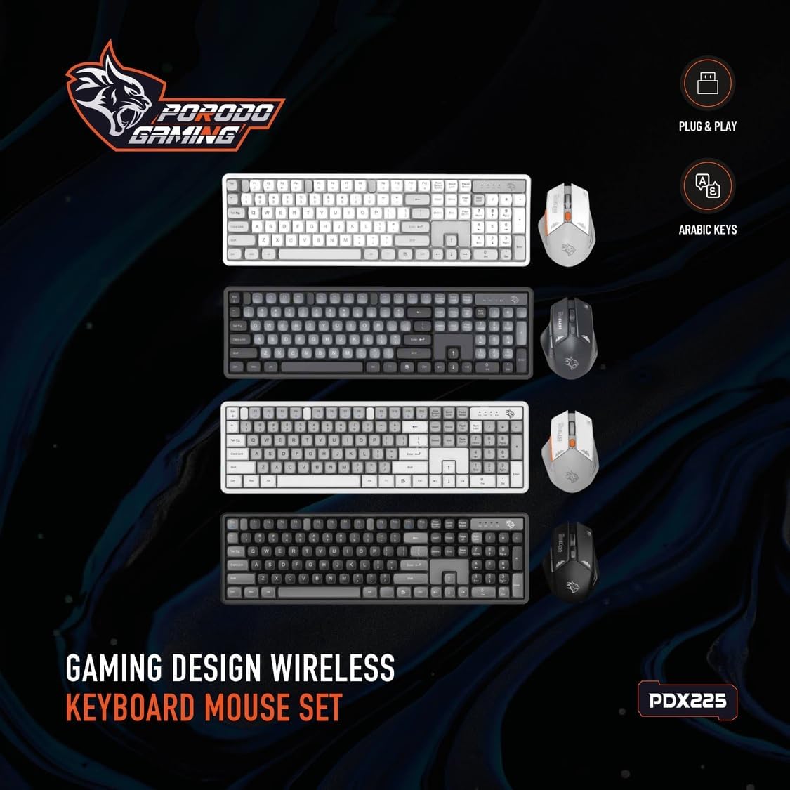 Porodo Wireless Gaming Keyboard & Mouse Set – 2.4GHz Connection, 1600 DPI Adjustable Mouse, Ergonomic Design | Compatible with Windows & Mac