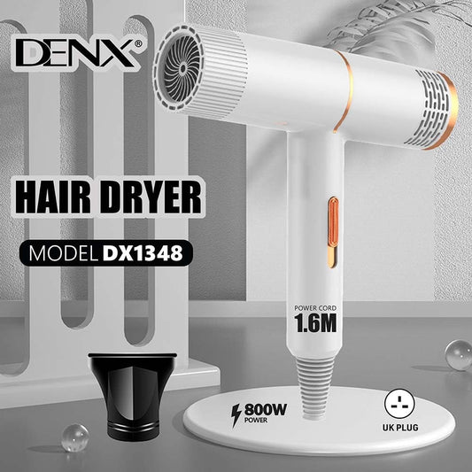 DENX DX1348 Compact Hair Dryer with Blowing Nozzle – 800W Power, UK Plug, 1.6M Cord, Lightweight & Travel-Friendly