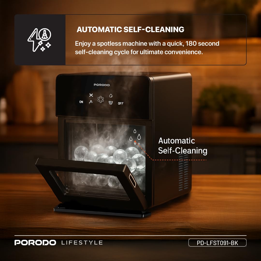Porodo Sphere Ice Maker Countertop 250W, Auto-Cleaning, 160 Bullet Ice Cubes Daily (10kg/24H), 1.6L Water Tank, Waterline Pipe, Quiet Operation, Portable Ice Machine for Home Kitchen Office Party