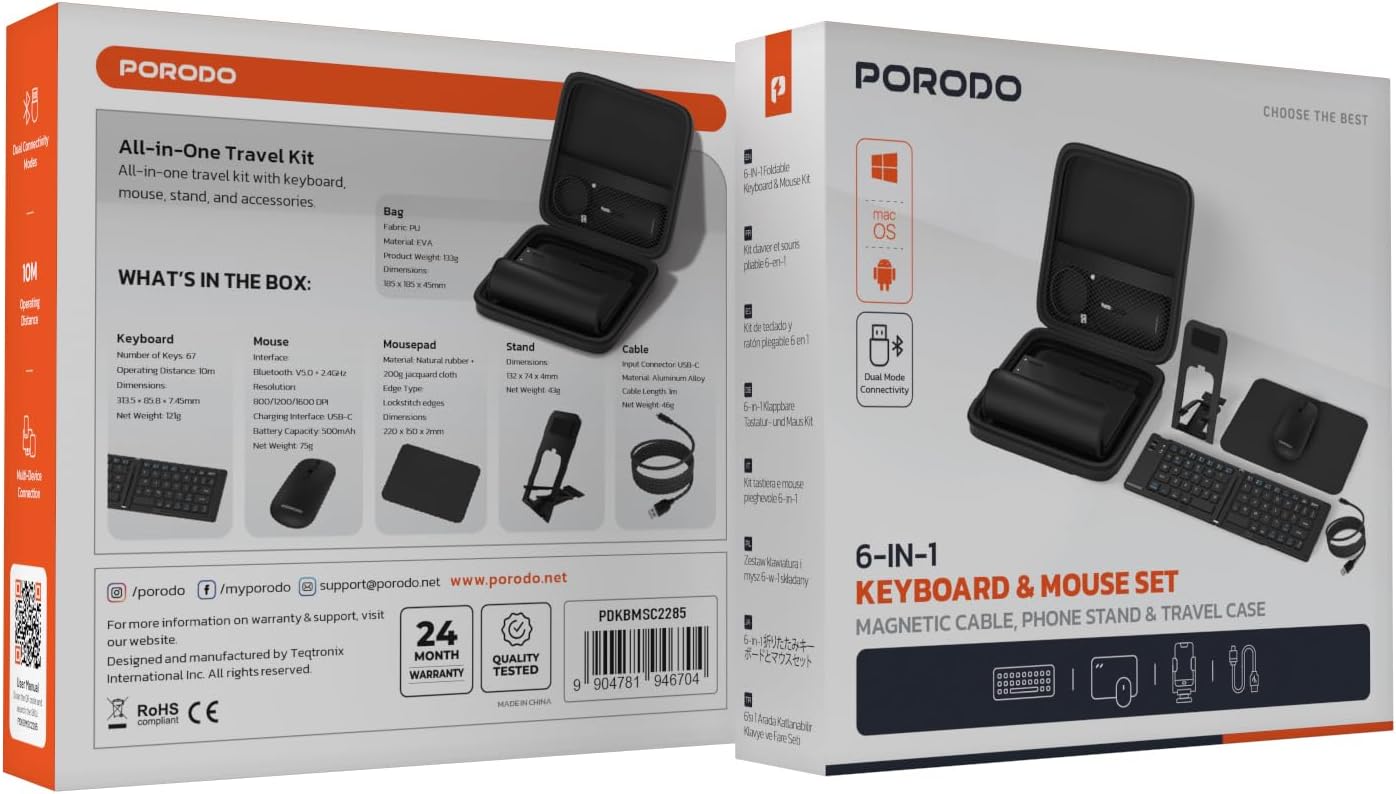 Porodo 6-in-1 Wireless Keyboard & Mouse Set – Bluetooth & 2.4GHz Portable Work Kit (Black) The Wonders Mart Trading™