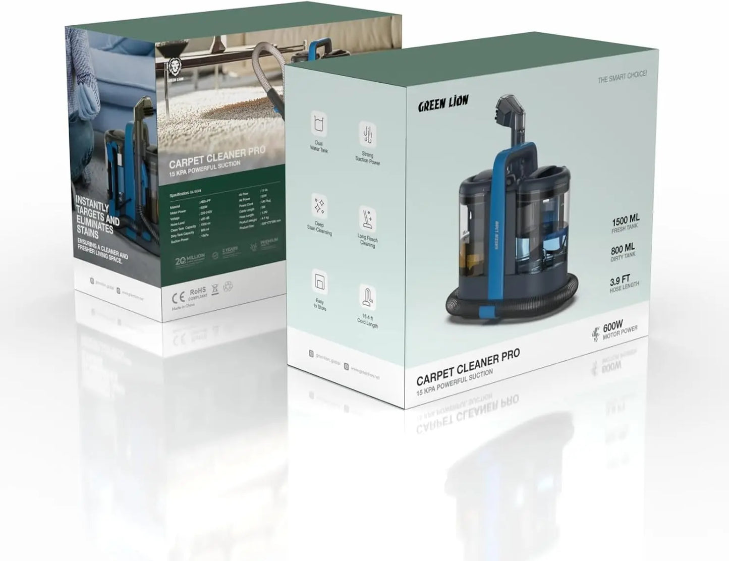 Green Lion Carpet Cleaner Pro – 600W Motor, Dual Water Tanks, Deep Stain Removal, Long Reach – Blue The Wonders Mart Trading™