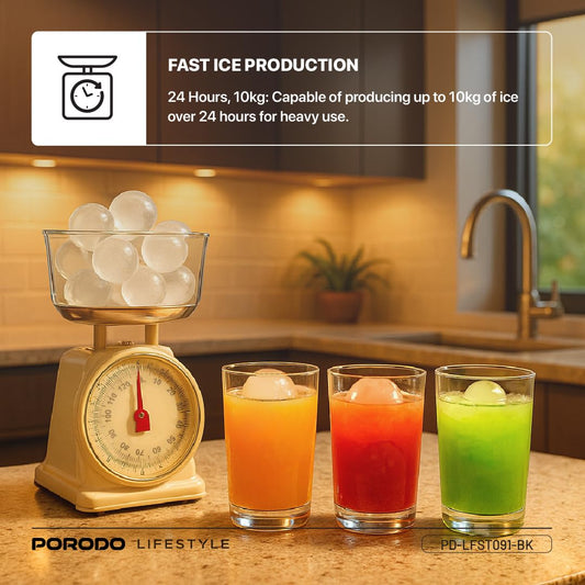 Porodo Sphere Ice Maker Countertop 250W, Auto-Cleaning, 160 Bullet Ice Cubes Daily (10kg/24H), 1.6L Water Tank, Waterline Pipe, Quiet Operation, Portable Ice Machine for Home Kitchen Office Party