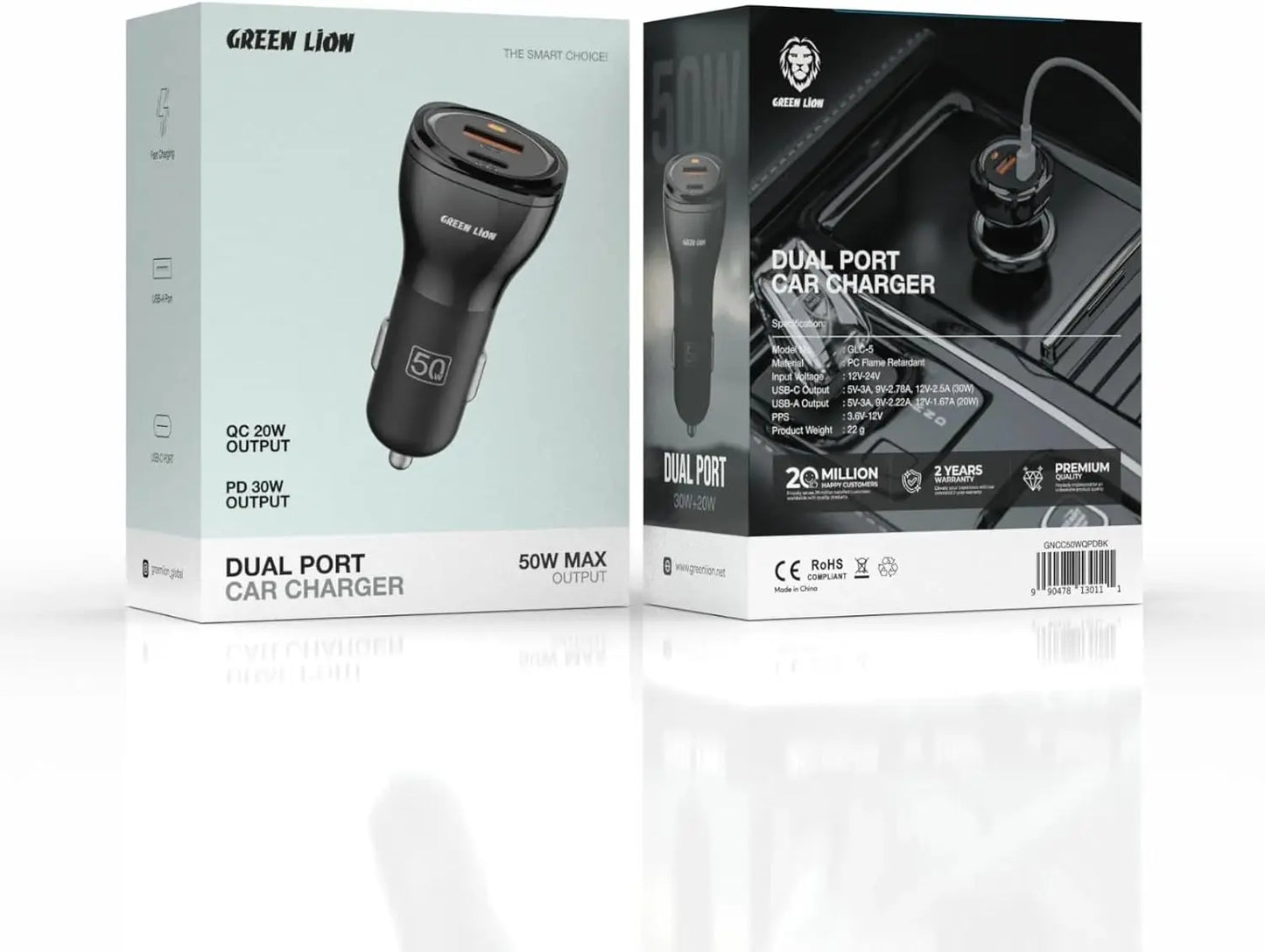 Green Lion Dual Port 50W Car Charger – USB-C PD 30W & USB-A QC 20W, Flame Retardant Material, Fast Charging, PPS Support – Black The Wonders Mart Trading™