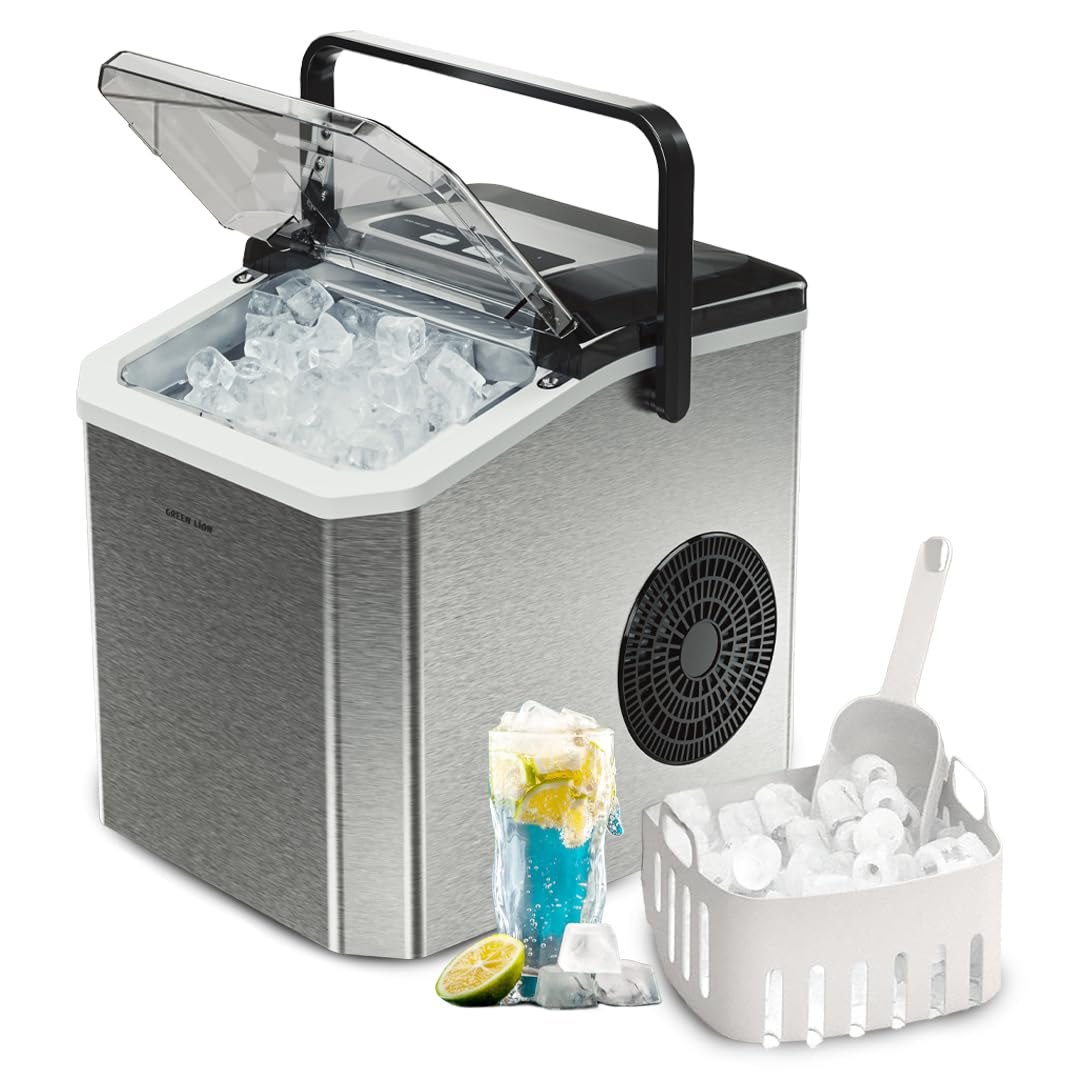 Green Lion Instant Ice Maker, 8min Quick Ice, 130W, Self Cleaning Countertop Ice Maker Machine, Portable Handle, 1.3L Water Tank, 500g Ice Basket + Scoop, Touch Controls, for Home, Kitchen, Party - Grey