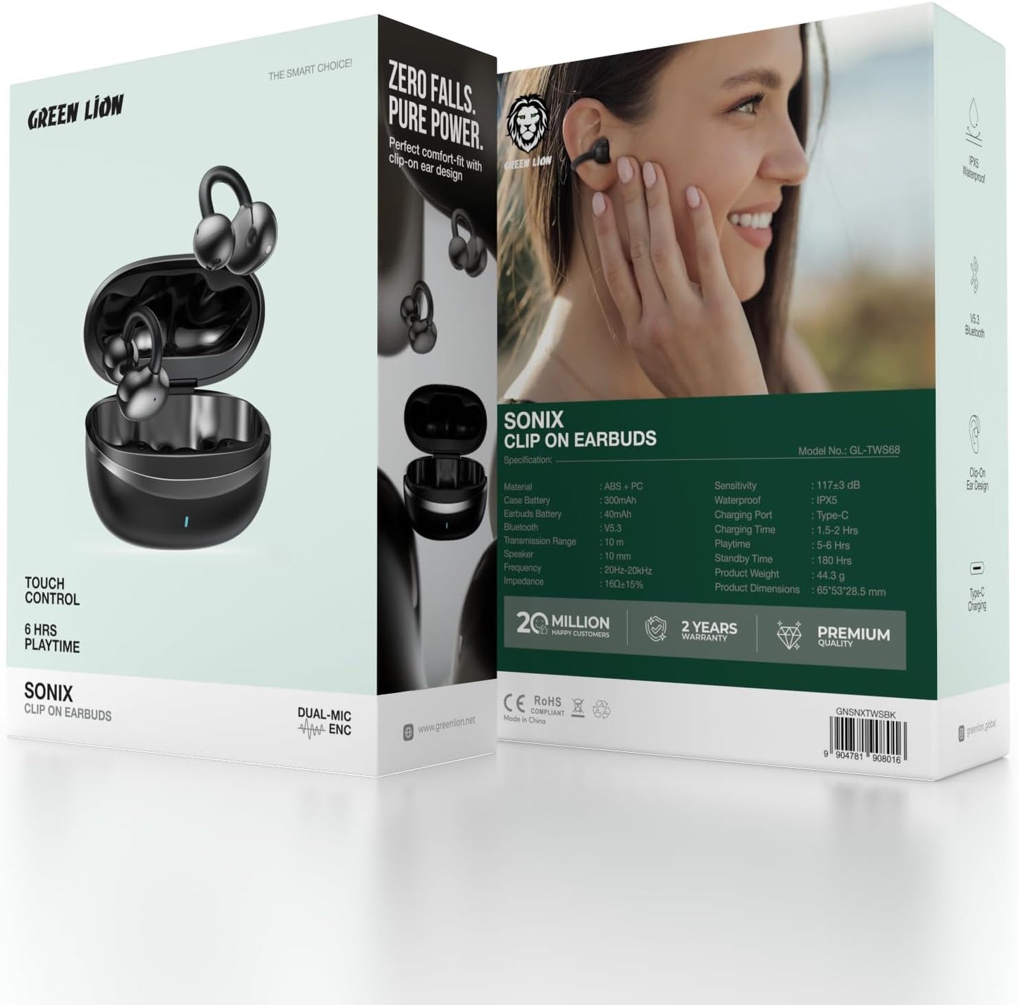 Green Lion Sonix Clip-On Earbuds, Bluetooth 5.3, IPX5 Waterproof, 5-6H Playtime, ENC, Touch Control, Type-C Charging, 40mAh Battery, Dual-Mic