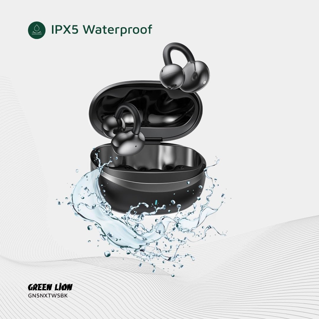 Green Lion Sonix Clip-On Earbuds, Bluetooth 5.3, IPX5 Waterproof, 5-6H Playtime, ENC, Touch Control, Type-C Charging, 40mAh Battery, Dual-Mic