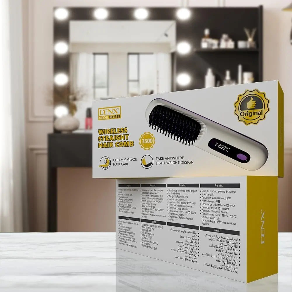 DENX DX1358 Wireless Straight Hair Comb – Cordless Ceramic Heated Brush with 3 Heat Settings & 4000mAh Battery | Lightweight Portable Hair Styler for Quick Touch-Ups The Wonders Mart Trading™