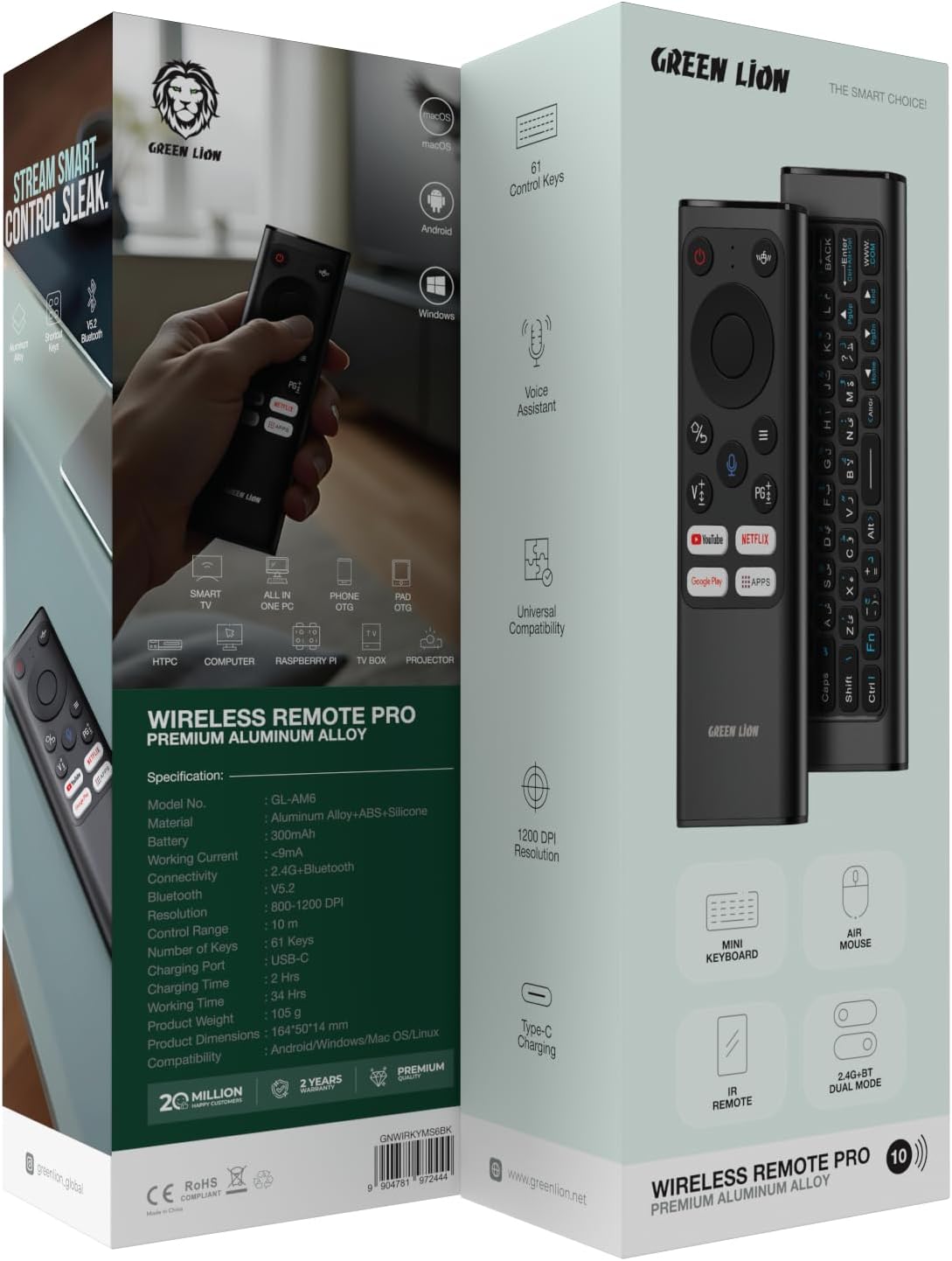 Green Lion Rechargeable Wireless Universal Remote for Samsung TVs Air Mouse & Keyboard (EN/AR), Voice Assistant, Compatible With Android TV Box, PC, Computer, Projector, Android/Windows/MacOS/Linux