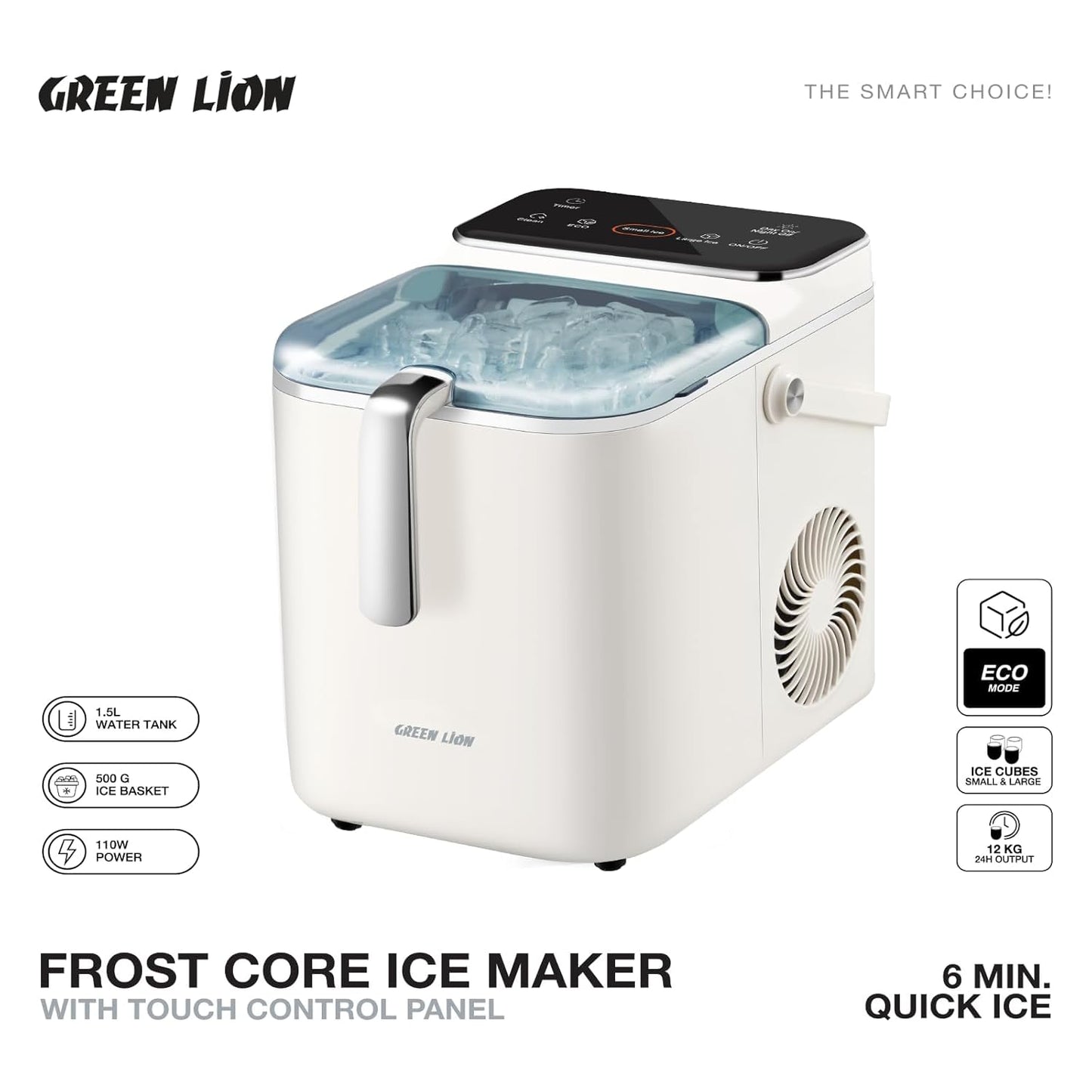 Green Lion Frost-Core Ice Maker Countertop, Portable Ice Machine with Self-Cleaning Function & Touch Control Panel, 12Kg/24H, Ideal for Home, Kitchen, Camping, RV, Office, Party - Cream White
