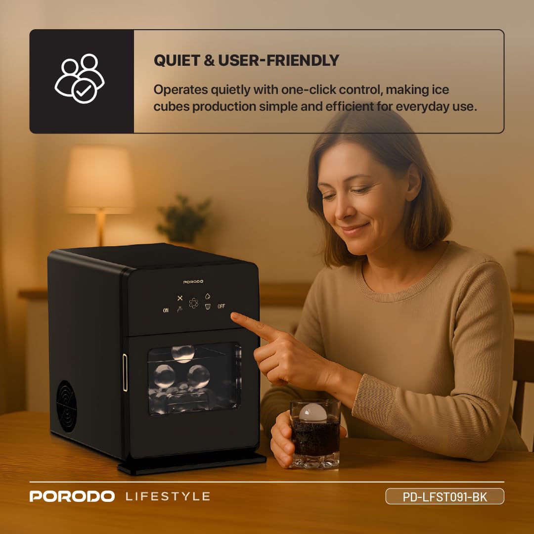 Porodo Sphere Ice Maker Countertop 250W, Auto-Cleaning, 160 Bullet Ice Cubes Daily (10kg/24H), 1.6L Water Tank, Waterline Pipe, Quiet Operation, Portable Ice Machine for Home Kitchen Office Party