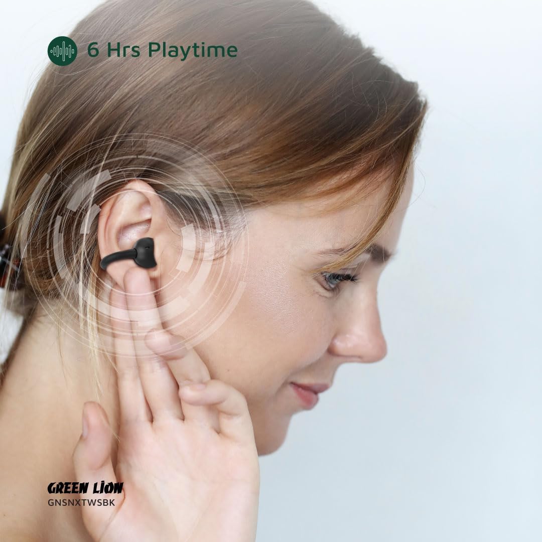 Green Lion Sonix Clip-On Earbuds, Bluetooth 5.3, IPX5 Waterproof, 5-6H Playtime, ENC, Touch Control, Type-C Charging, 40mAh Battery, Dual-Mic