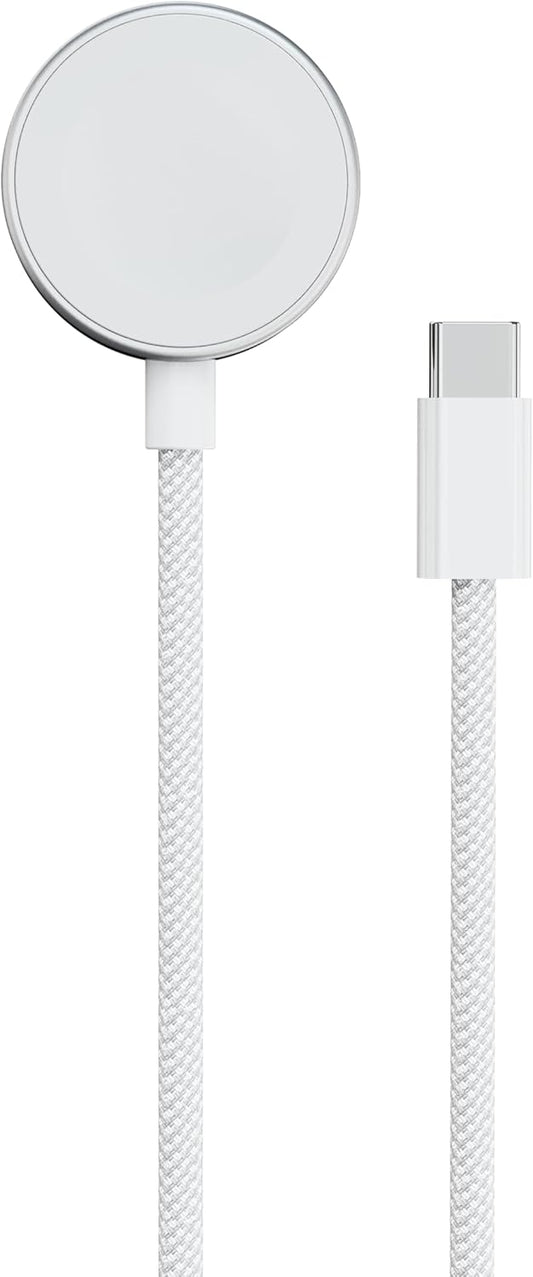 Porodo One Touch Charger magnetic Watch Charger 2.5W, Compatible with iWatch & Samsung Watch, Strong Magnet, High-Speed Charging, Durable Cotton Briaded Material, USB-C Connector - White