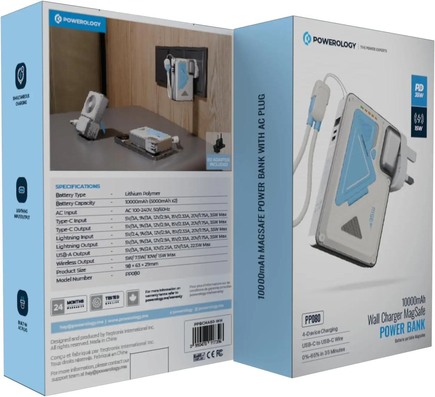 Powerology 10000mAh Wall Charger with MagSafe Compatibility – 35W PD Fast Charging, Built-in AC Plug, Dual Battery Design, USB-C & Lightning Output – White The Wonders Mart Trading™