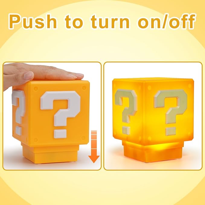 Super Mario Bros. Question Block Night Light – With Game Sound Effects | USB Rechargeable & Silent Mode